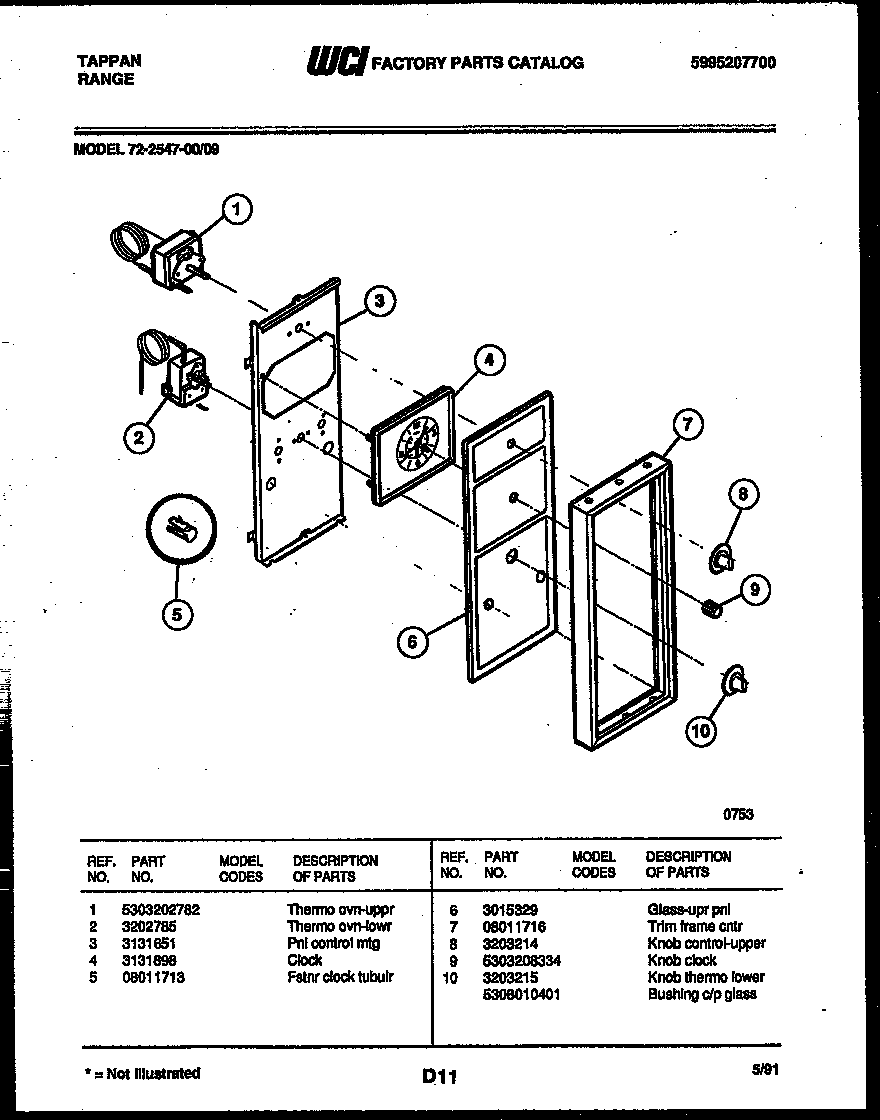 Tappan 72-2547-00-09 control panel diagram