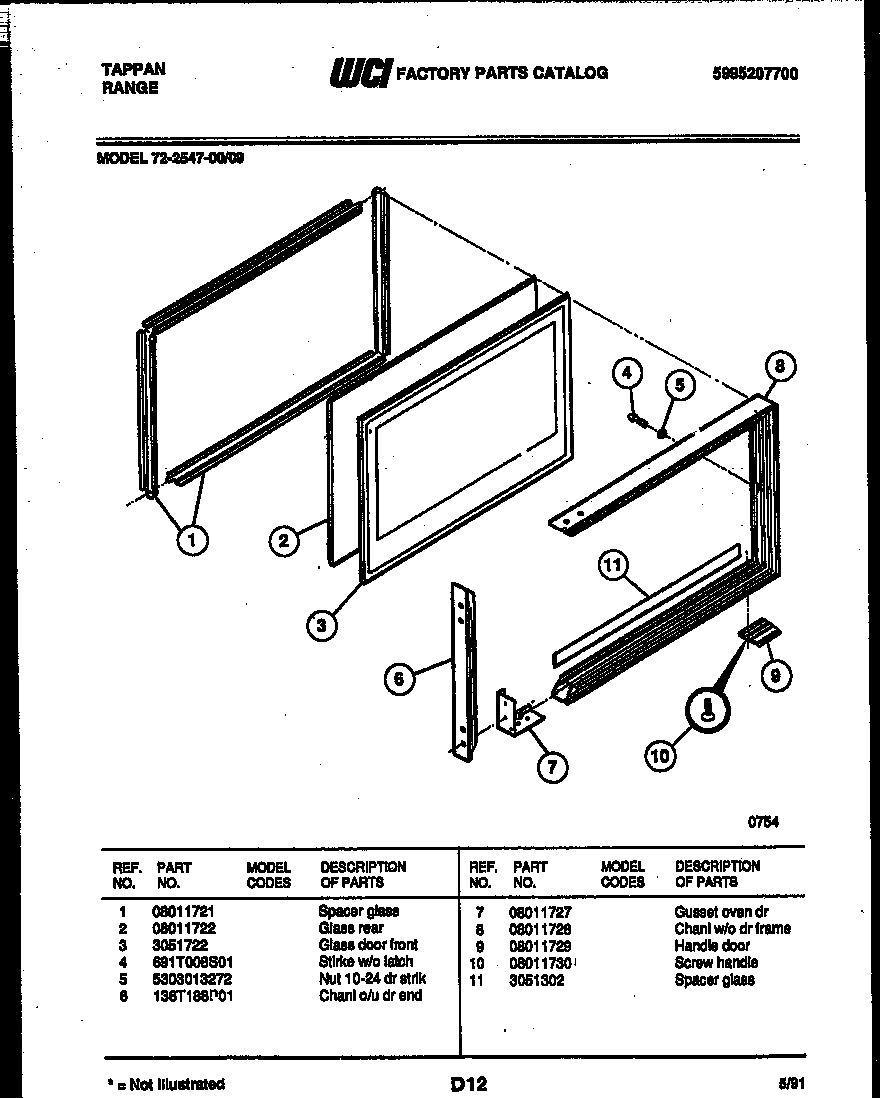 Tappan 72-2547-00-09 upper oven door parts diagram