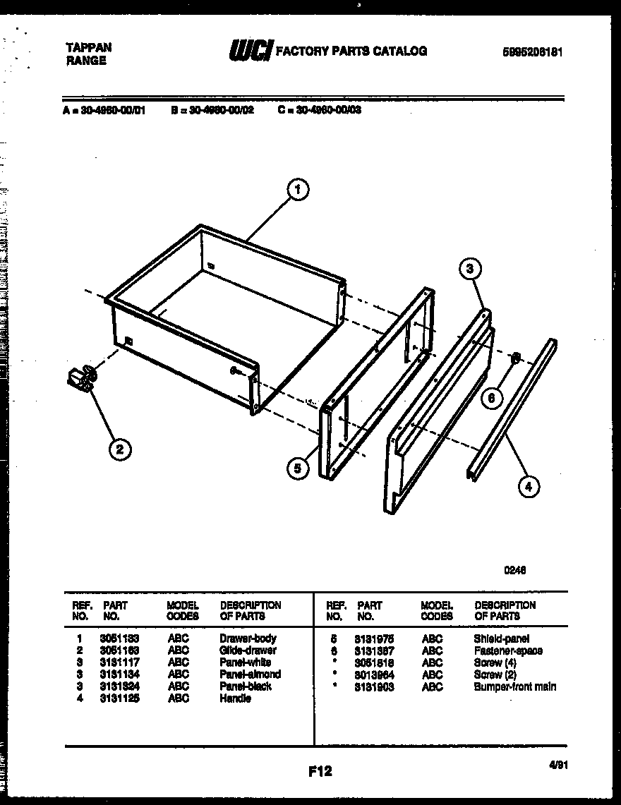 Tappan 30-4980-23-03 drawer parts diagram