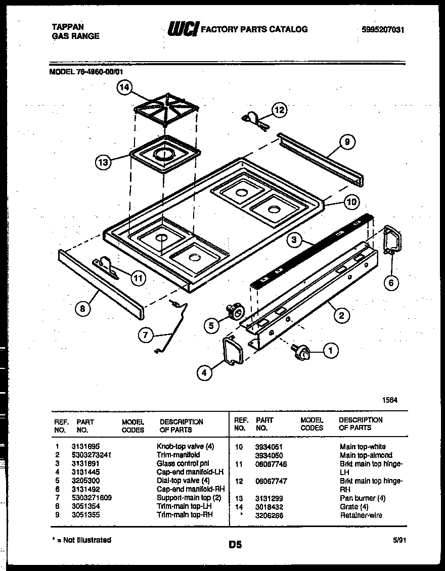 Tappan 76-4960-00-01 cooktop parts diagram