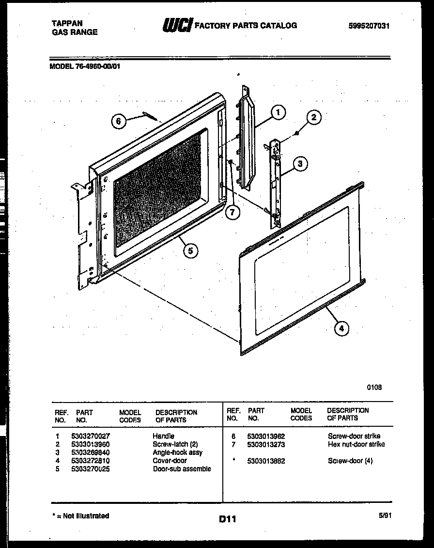 Tappan 76-4960-00-01 upper oven door parts diagram