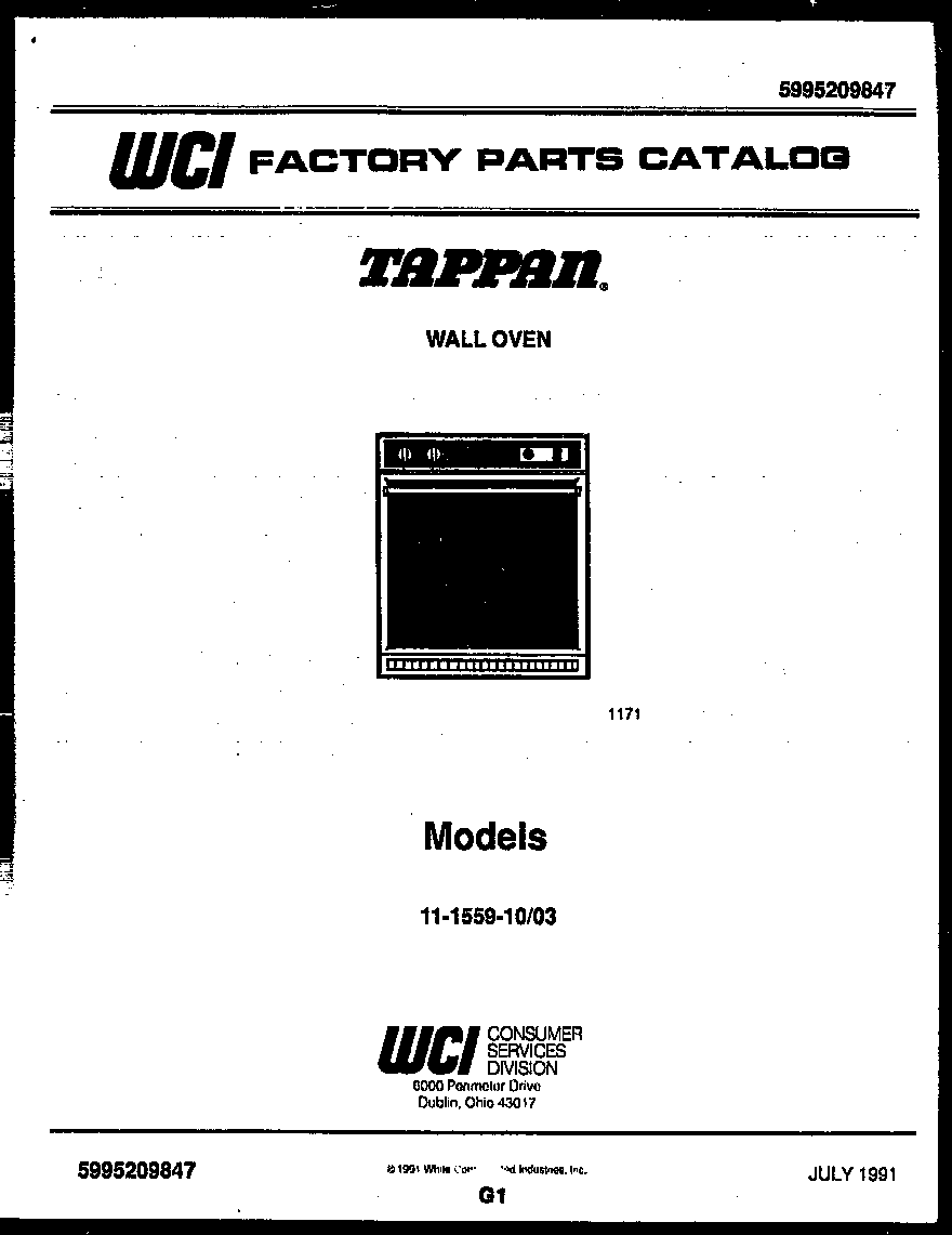 Tappan 11-1559-00-03 cover page- text only diagram