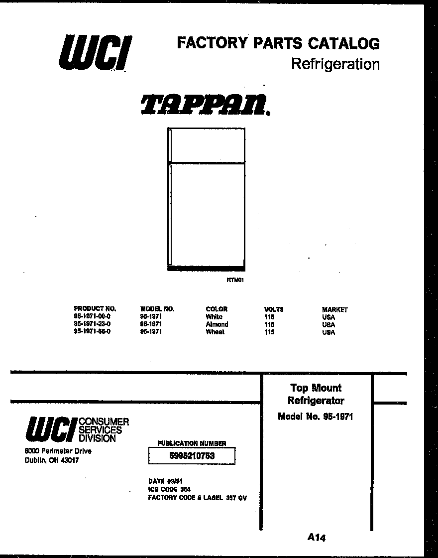 Tappan 95-1971-66-00 cover diagram