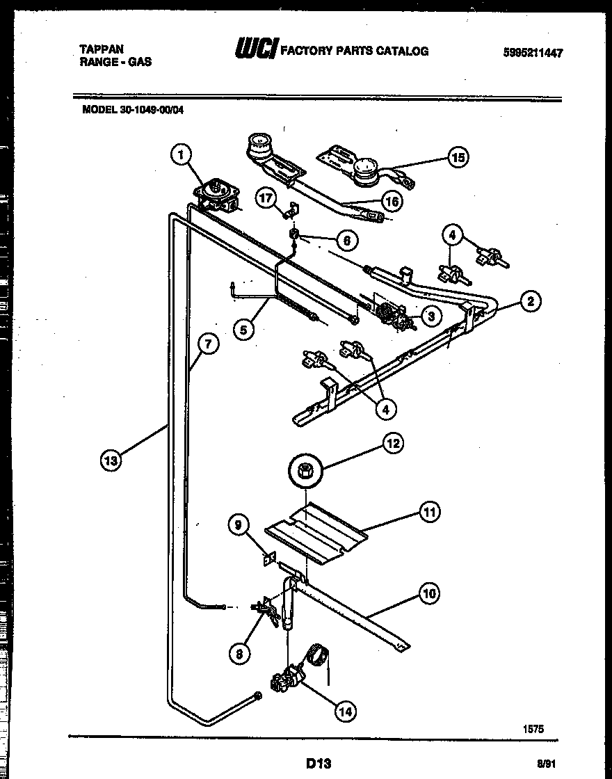 Tappan 30-1049-00-04 burner, manifold and gas control diagram