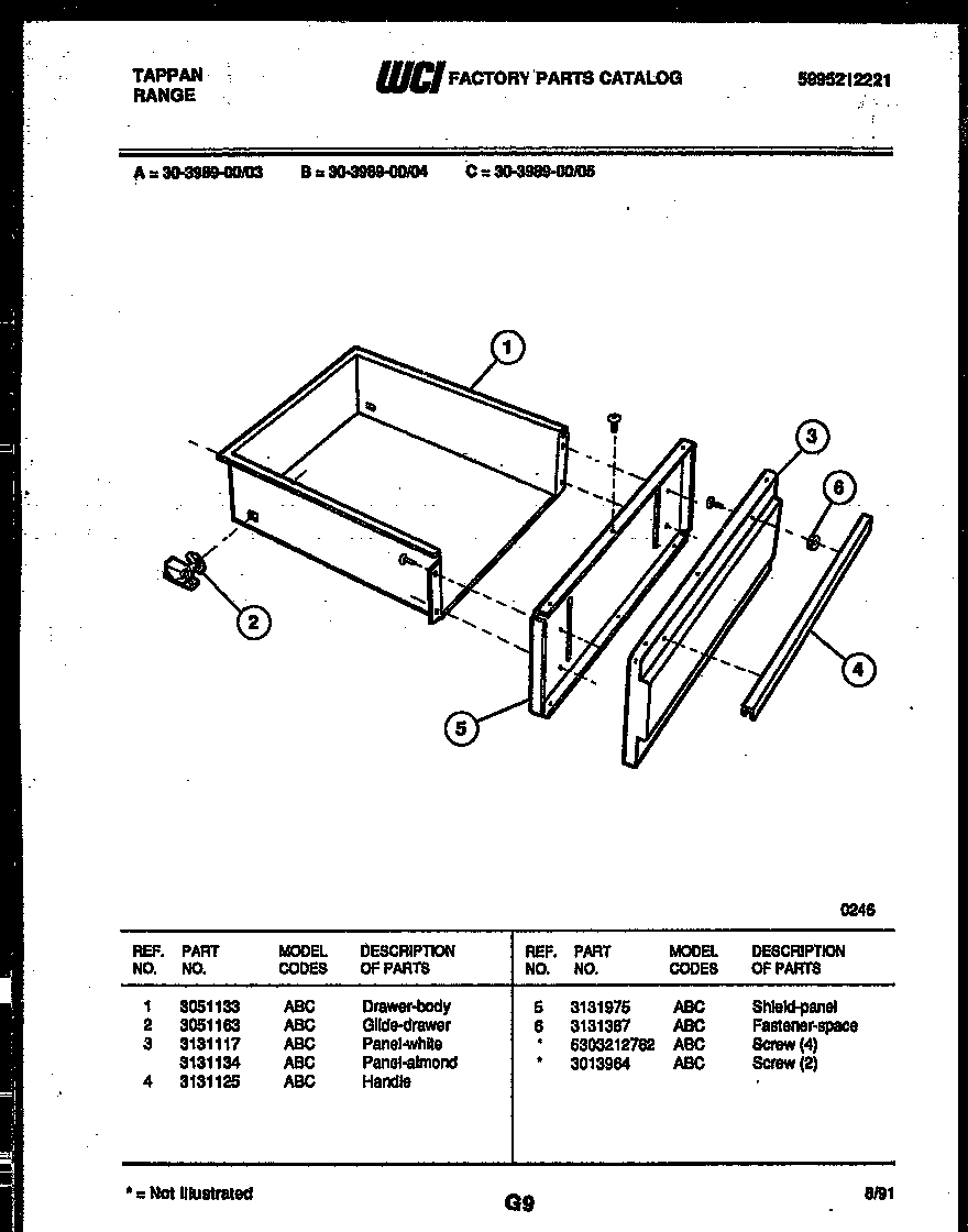 Tappan 30-3989-23-03 drawer parts diagram
