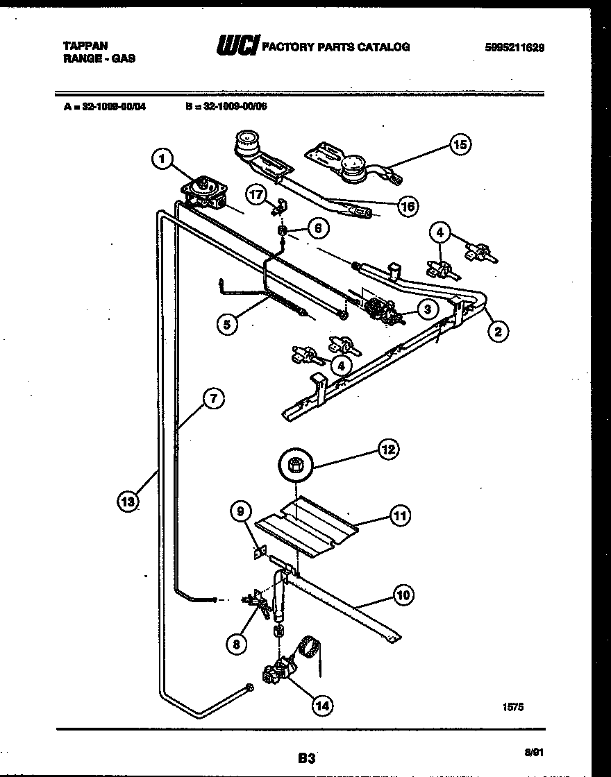 Tappan 32-1009-23-04 burner, manifold and gas control diagram