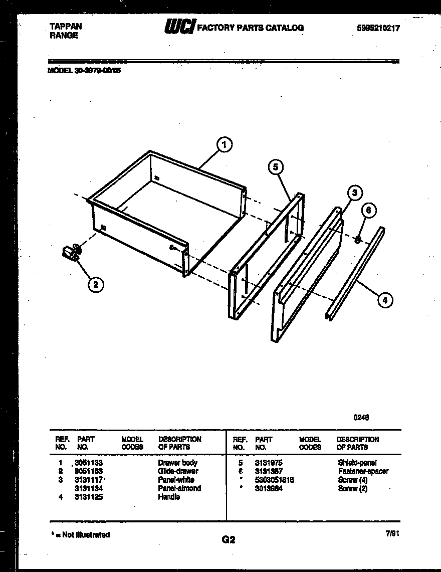 Tappan 30-3979-00-05 drawer parts diagram