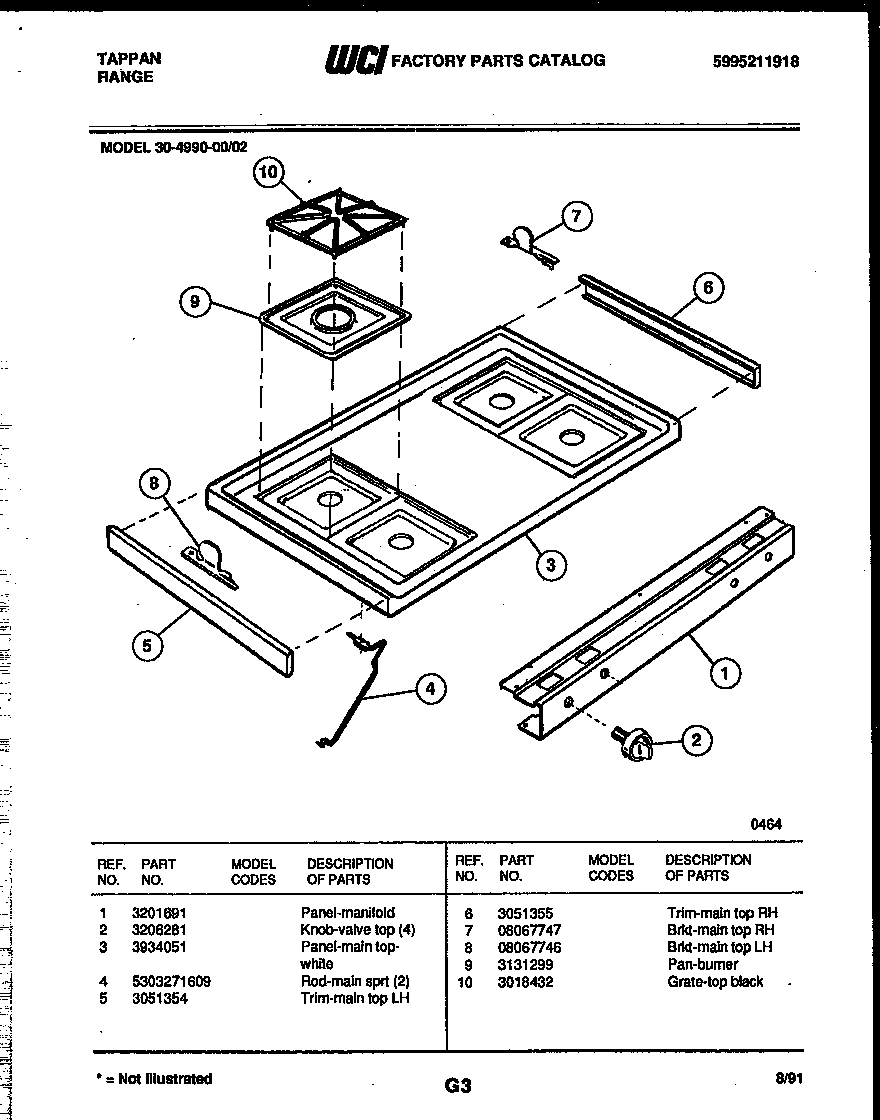 Tappan 30-4990-00-02 cooktop parts diagram