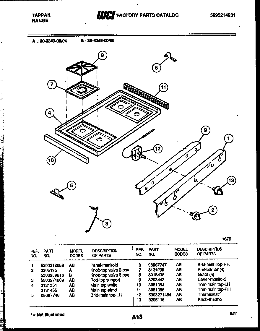 Tappan 30-3349-00-04 cooktop parts diagram