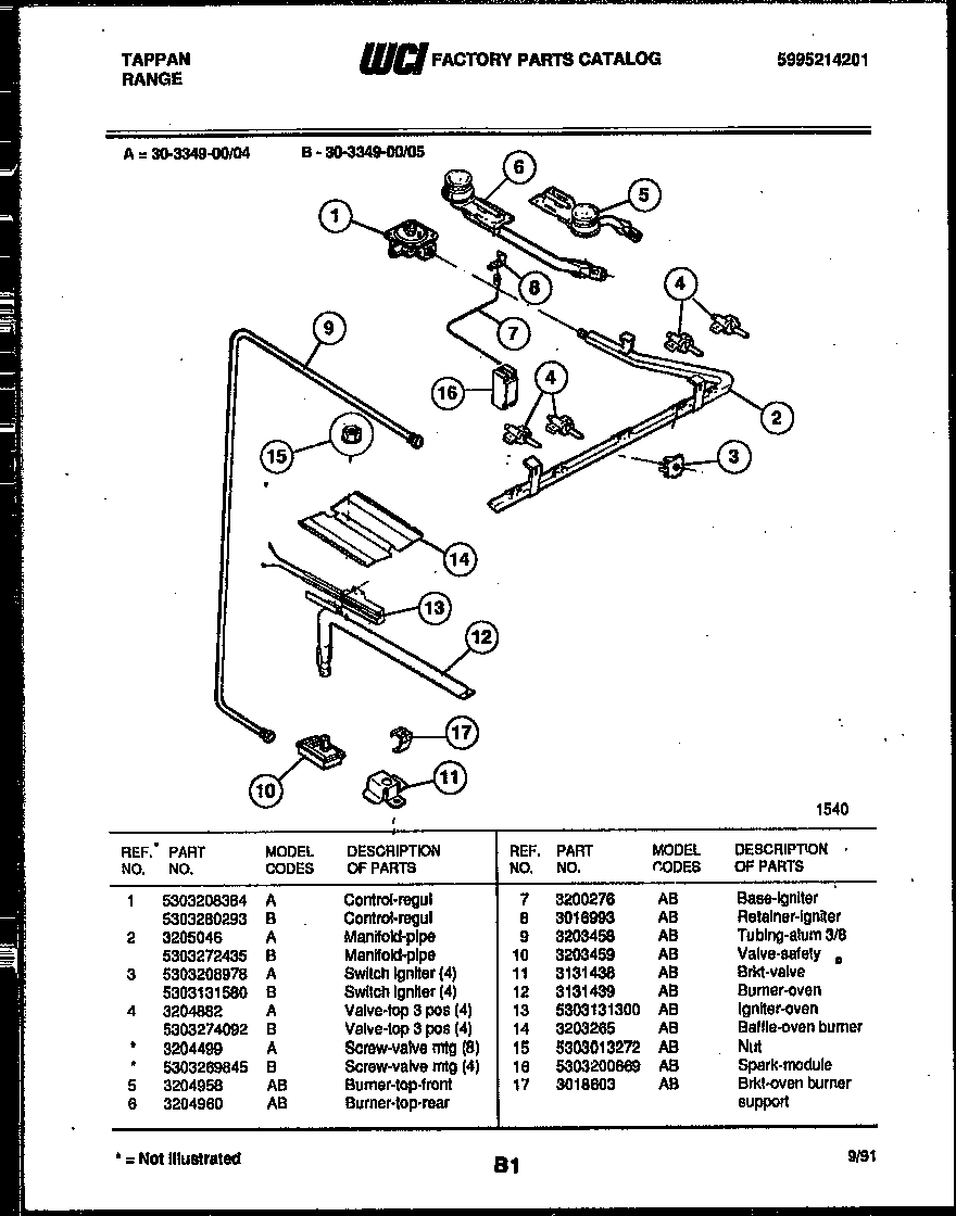 Tappan 30-3349-00-04 burner, manifold and gas control diagram