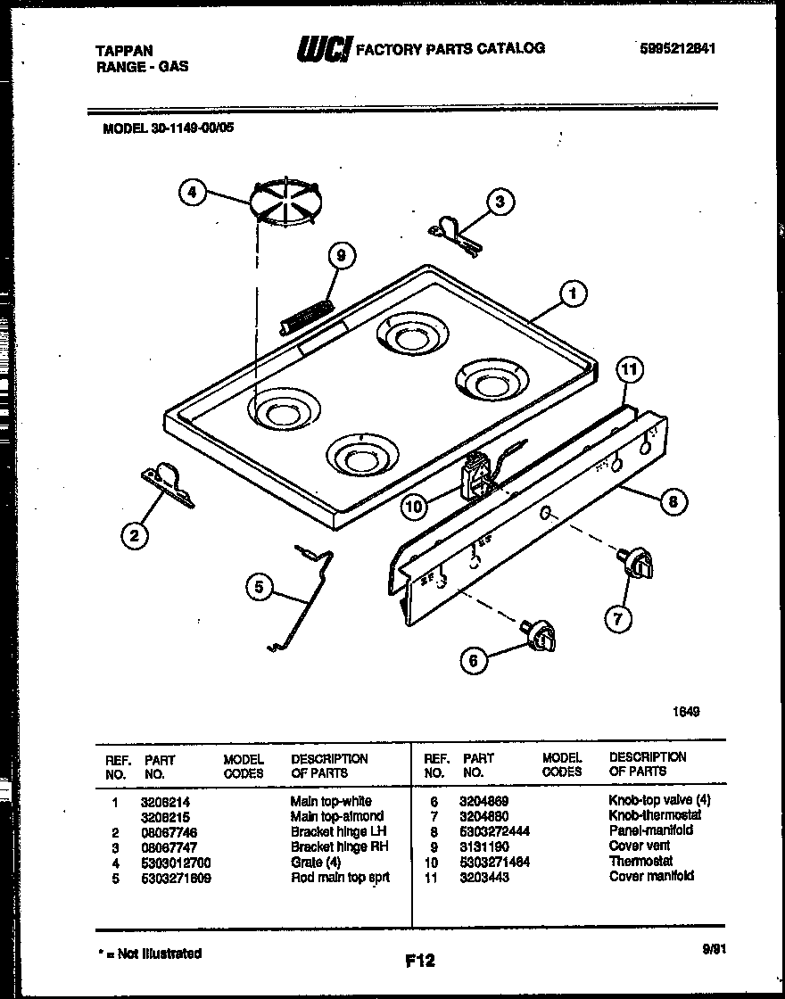 Tappan 30-1149-23-05 cooktop parts diagram