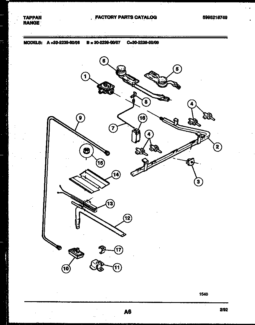 Tappan 30-2239-00-08 burner, manifold and gas control diagram