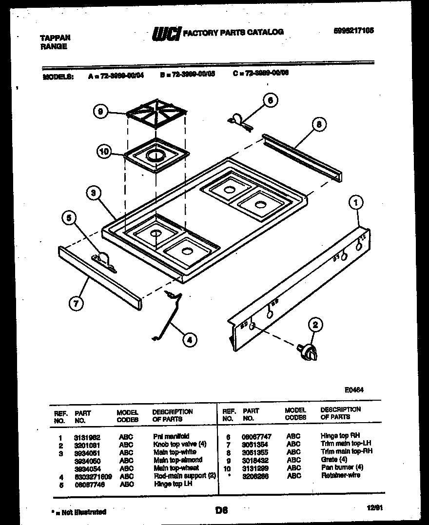 Tappan 72-3989-00-04 cooktop parts diagram