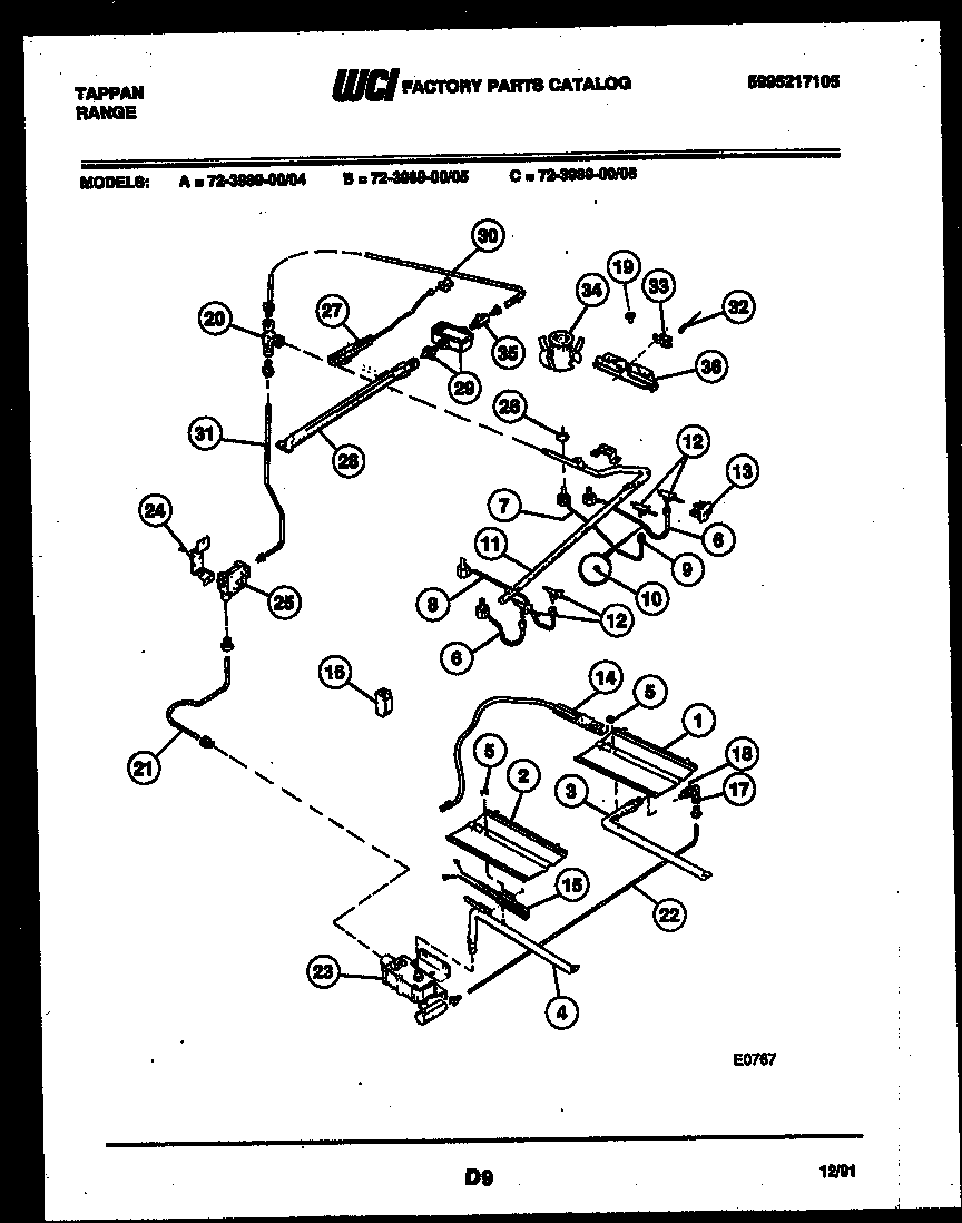 Tappan 72-3989-00-04 burner, manifold and gas control diagram