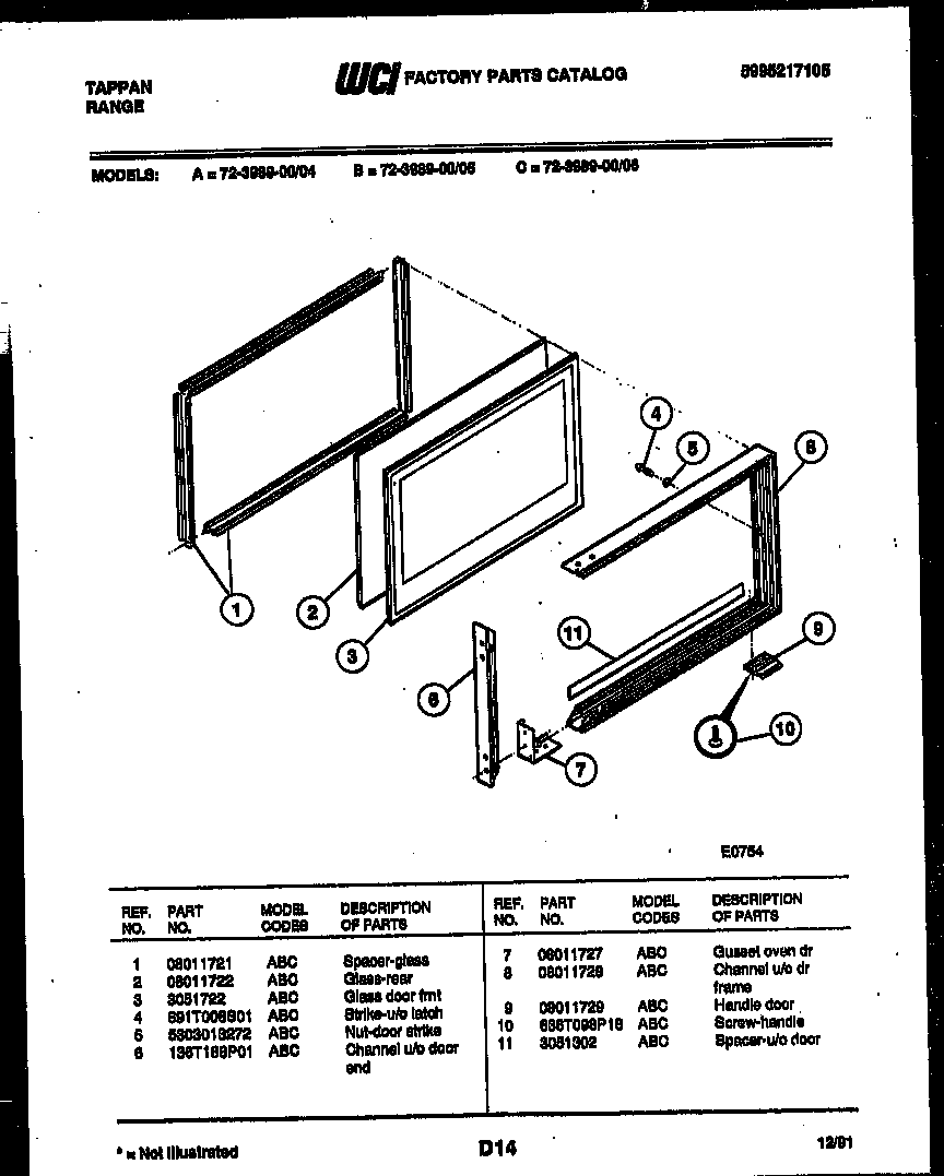 Tappan 72-3989-00-04 upper oven door parts diagram