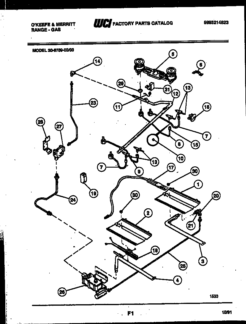 Tappan 30-6759-00-03 burner, manifold and gas control diagram