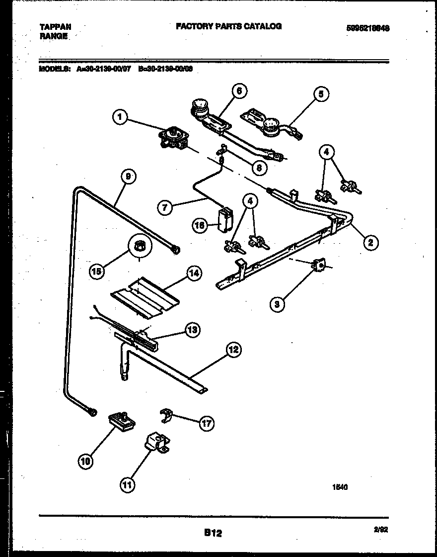 Tappan 30-2139-00-08 burner, manifold and gas control diagram