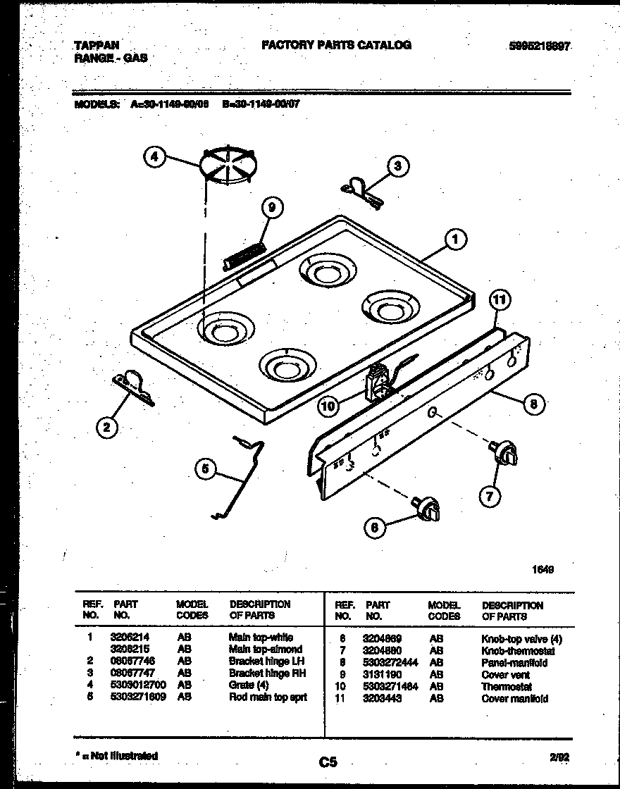 Tappan 30-1149-23-07 cooktop parts diagram