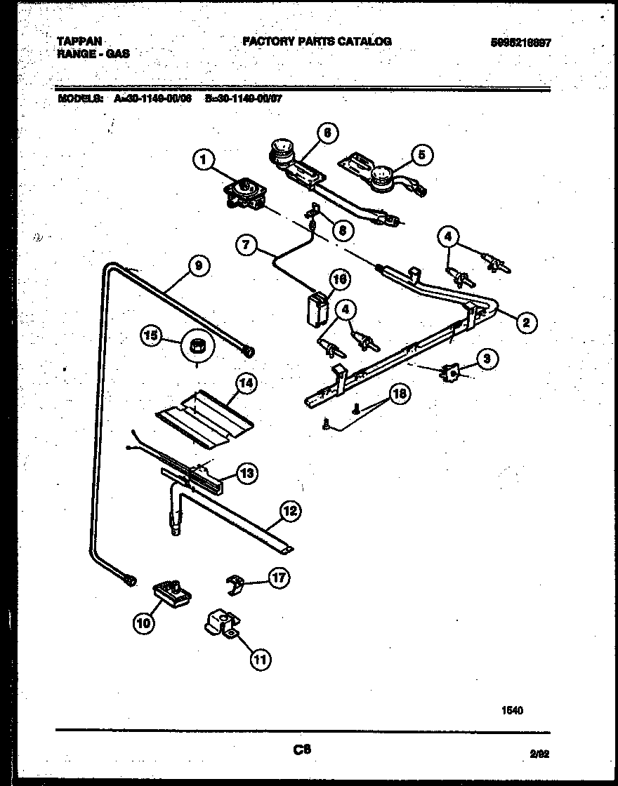 Tappan 30-1149-23-07 burner, manifold and gas control diagram