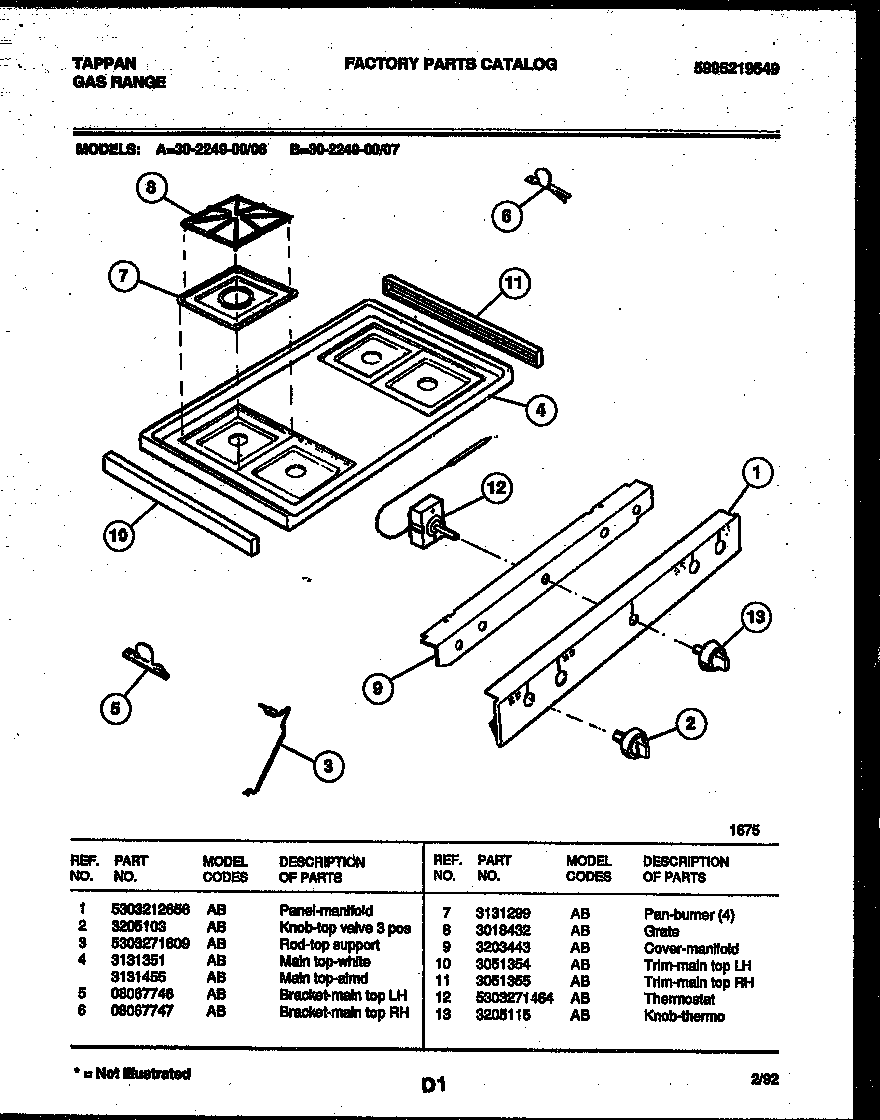 Tappan 30-2249-23-06 cooktop parts diagram