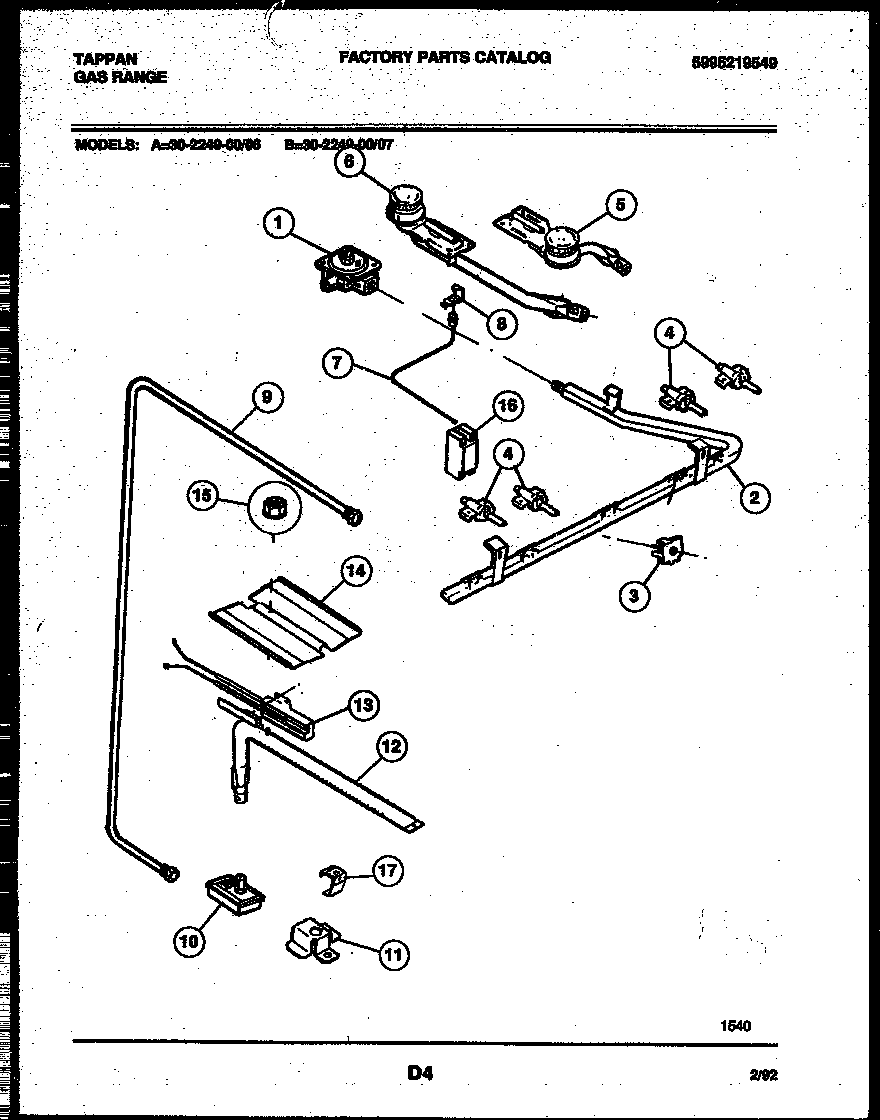 Tappan 30-2249-23-06 burner, manifold and gas control diagram