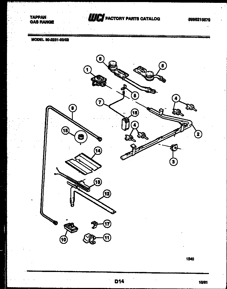 Tappan 30-2251-23-02 burner, manifold and gas control diagram