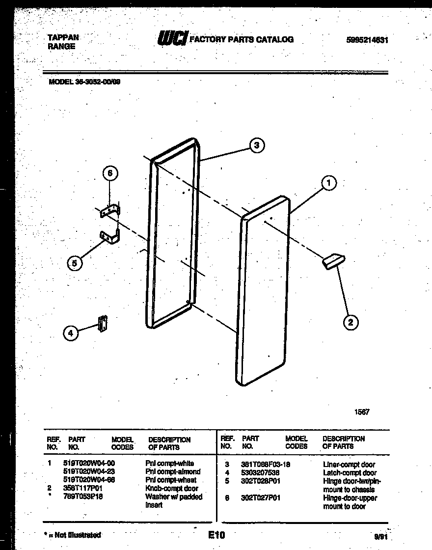 Tappan 36-3052-66-09 panel compartment diagram