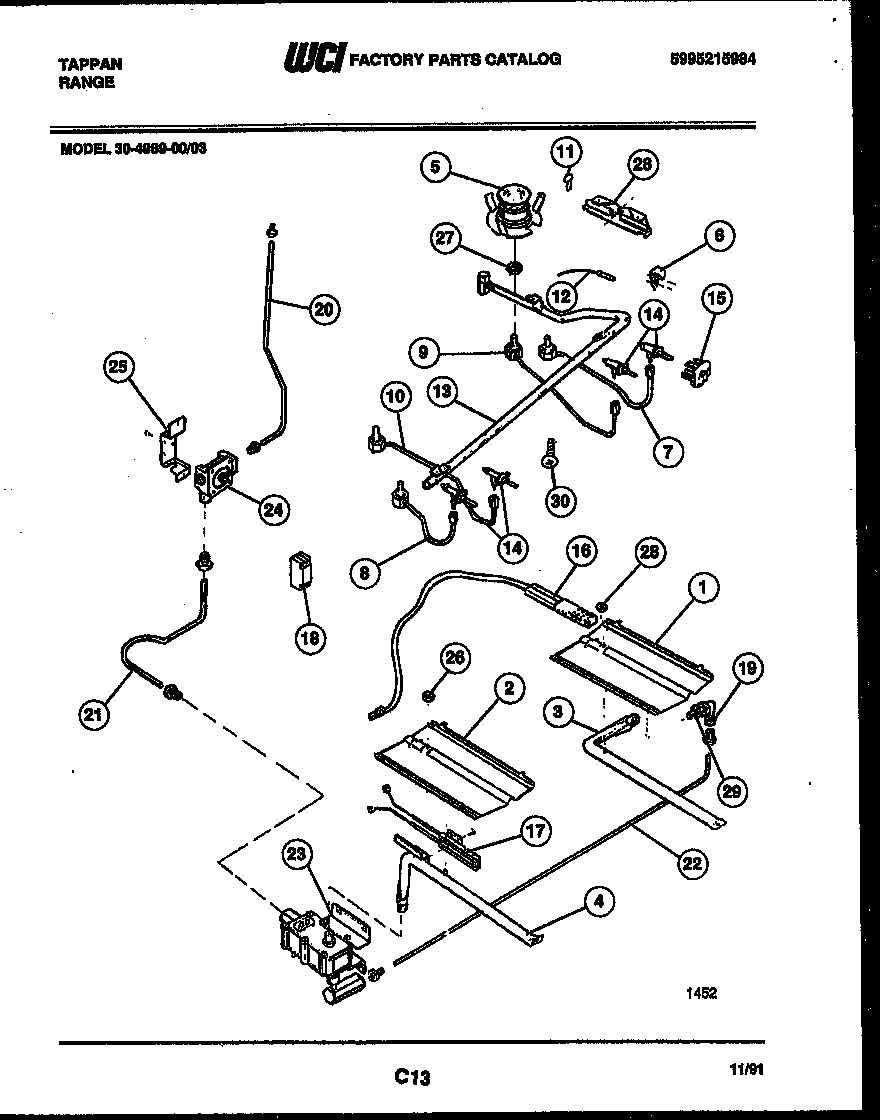 Tappan 30-4989-00-03 burner, manifold and gas control diagram