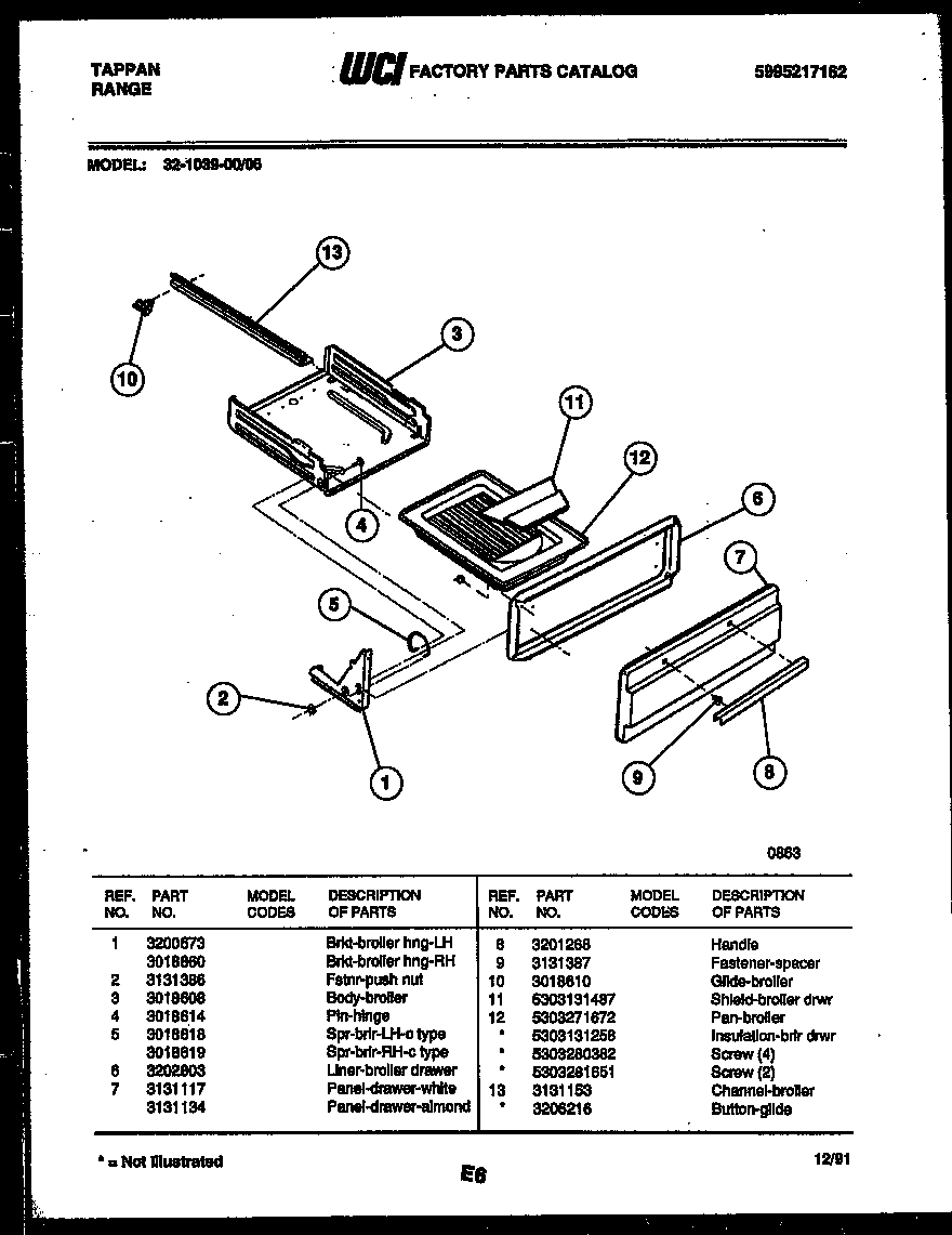 Tappan 32-1039-00-06 broiler drawer parts diagram