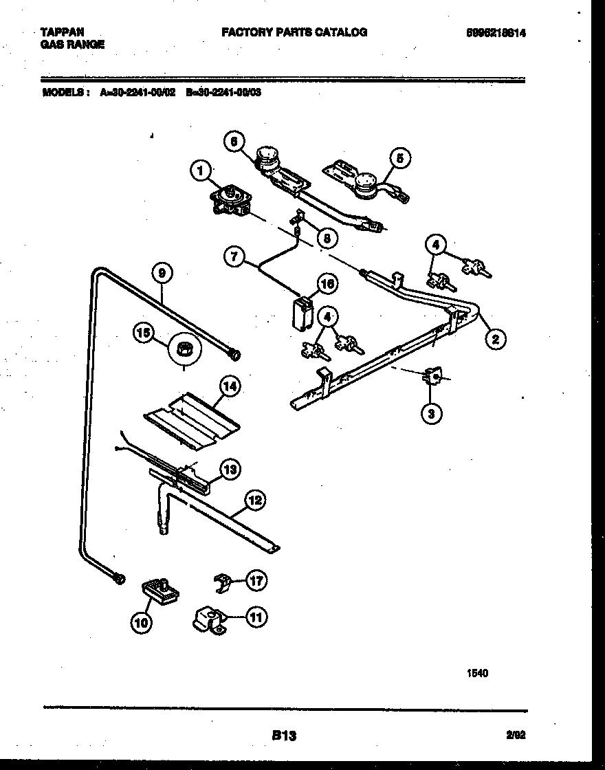 Tappan 30-2241-23-03 burner, manifold and gas control diagram