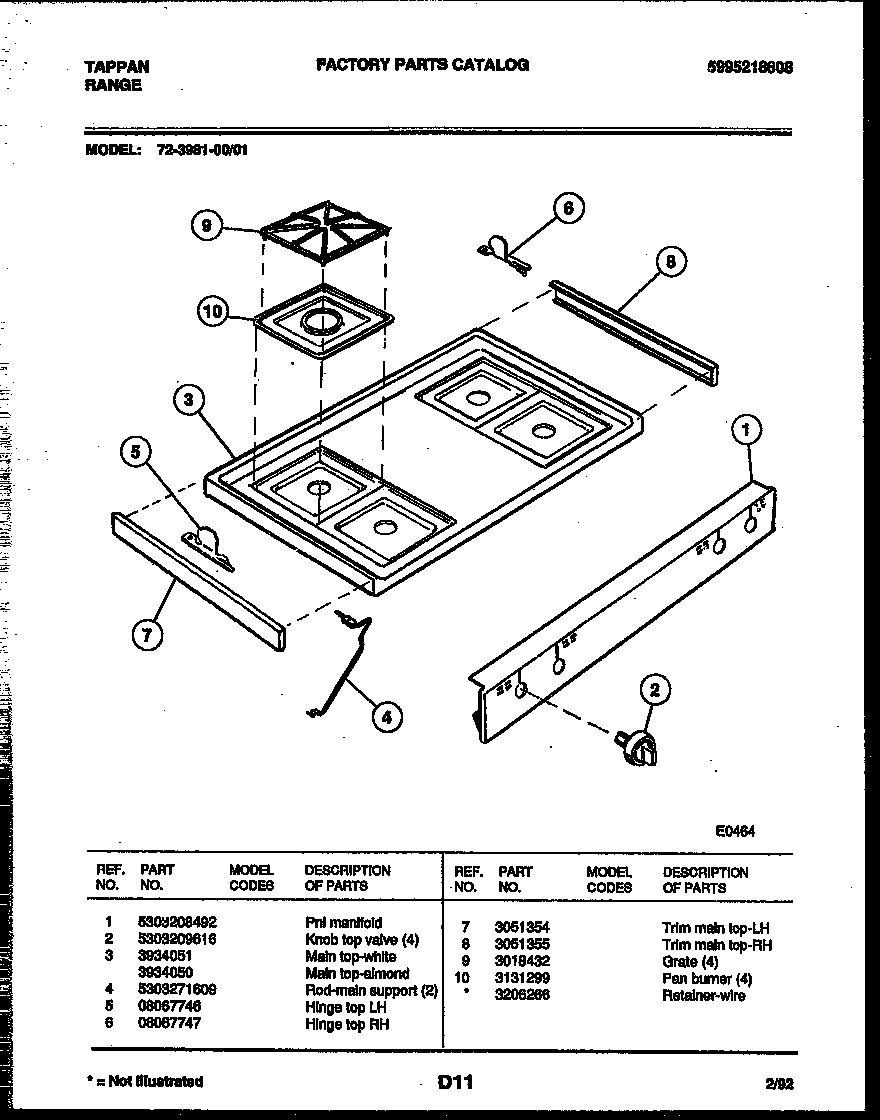 Tappan 72-3981-00-01 cooktop parts diagram