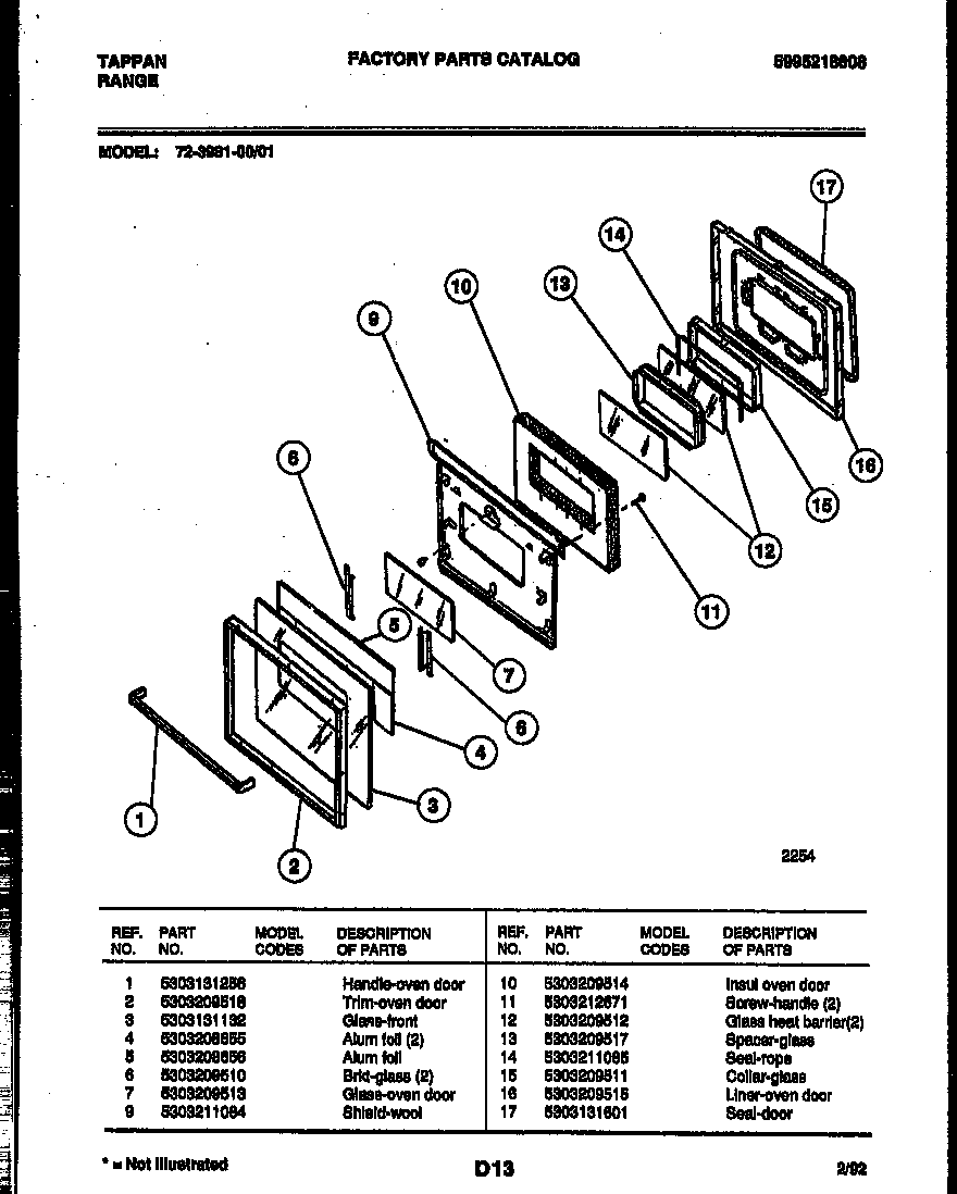 Tappan 72-3981-00-01 lower oven door parts diagram