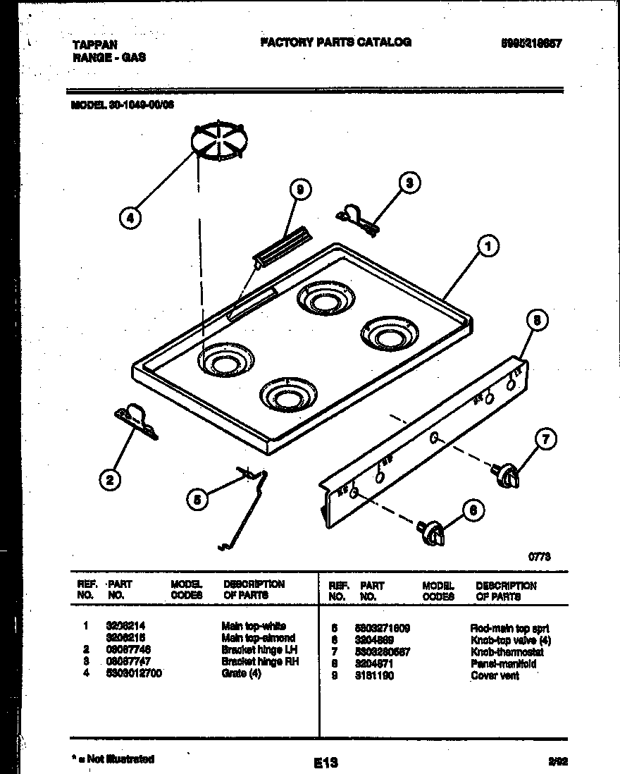 Tappan 30-1049-23-06 cooktop parts diagram