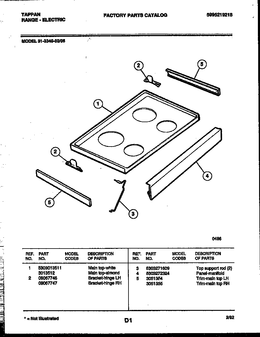 Tappan 31-3349-00-05 cooktop parts diagram