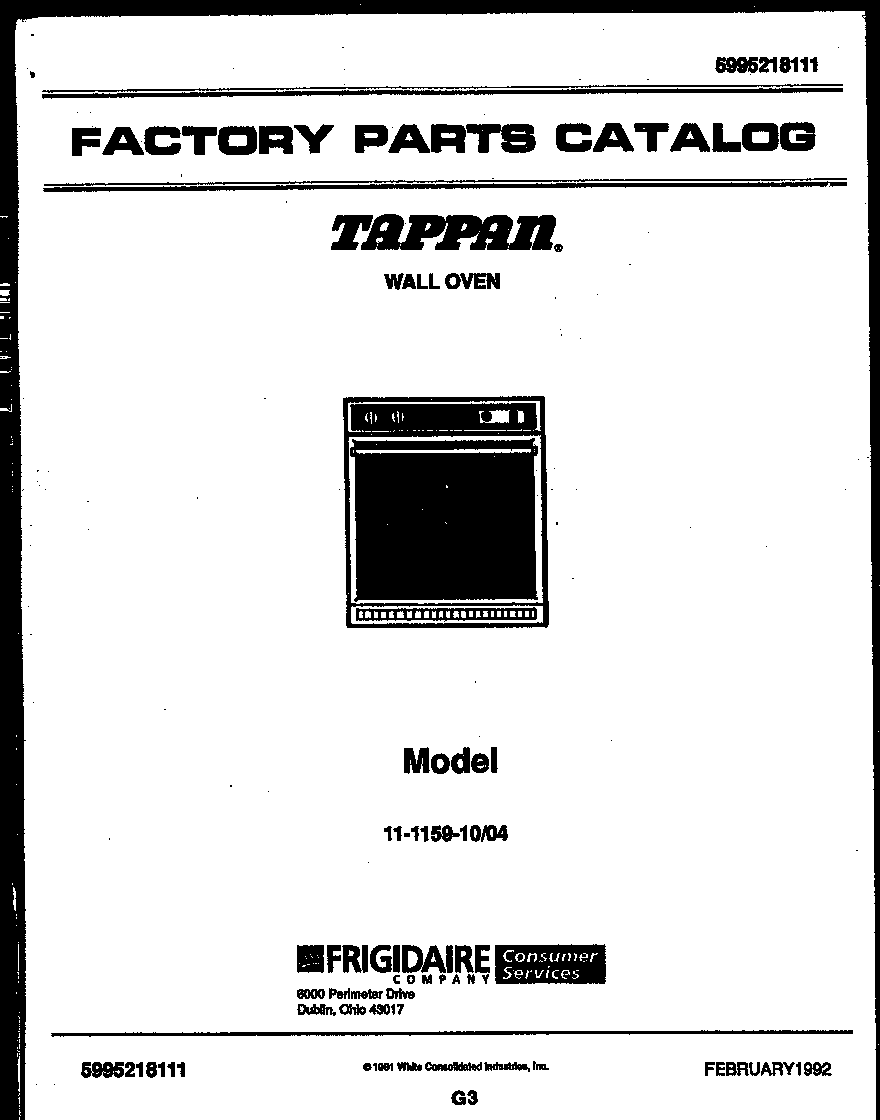Tappan 11-1159-00-04 cover page- text only diagram