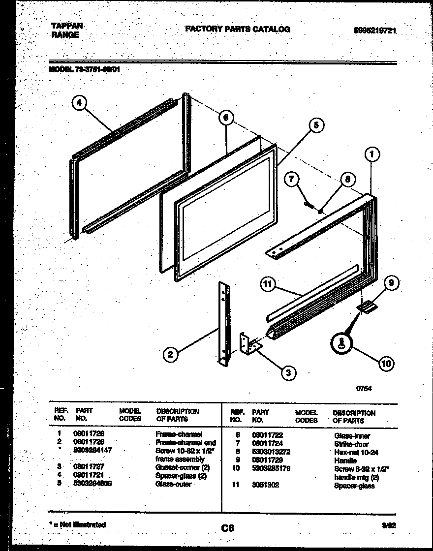 Tappan 73-3751-00-01 upper oven door parts diagram