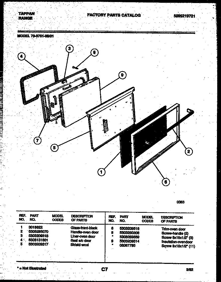 Tappan 73-3751-00-01 lower oven door parts diagram