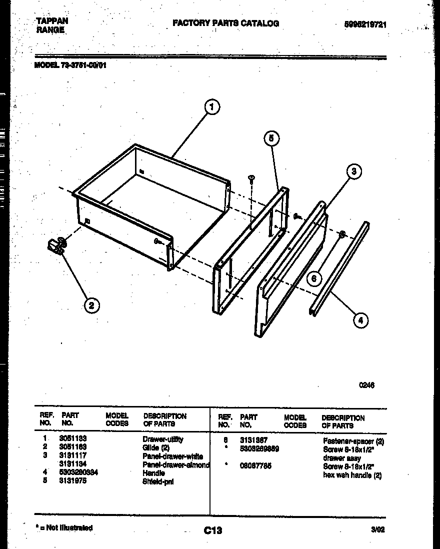 Tappan 73-3751-00-01 drawer parts diagram