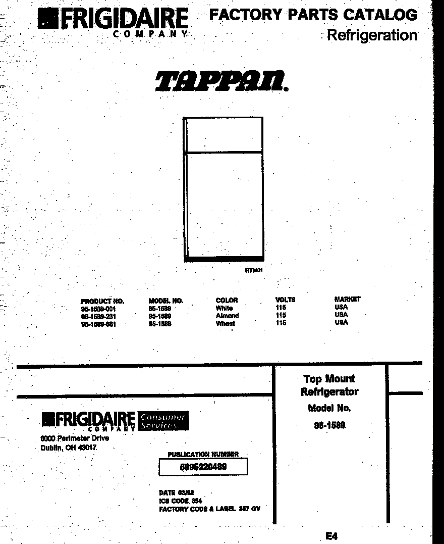 Tappan 95-1589-00-01 cover diagram