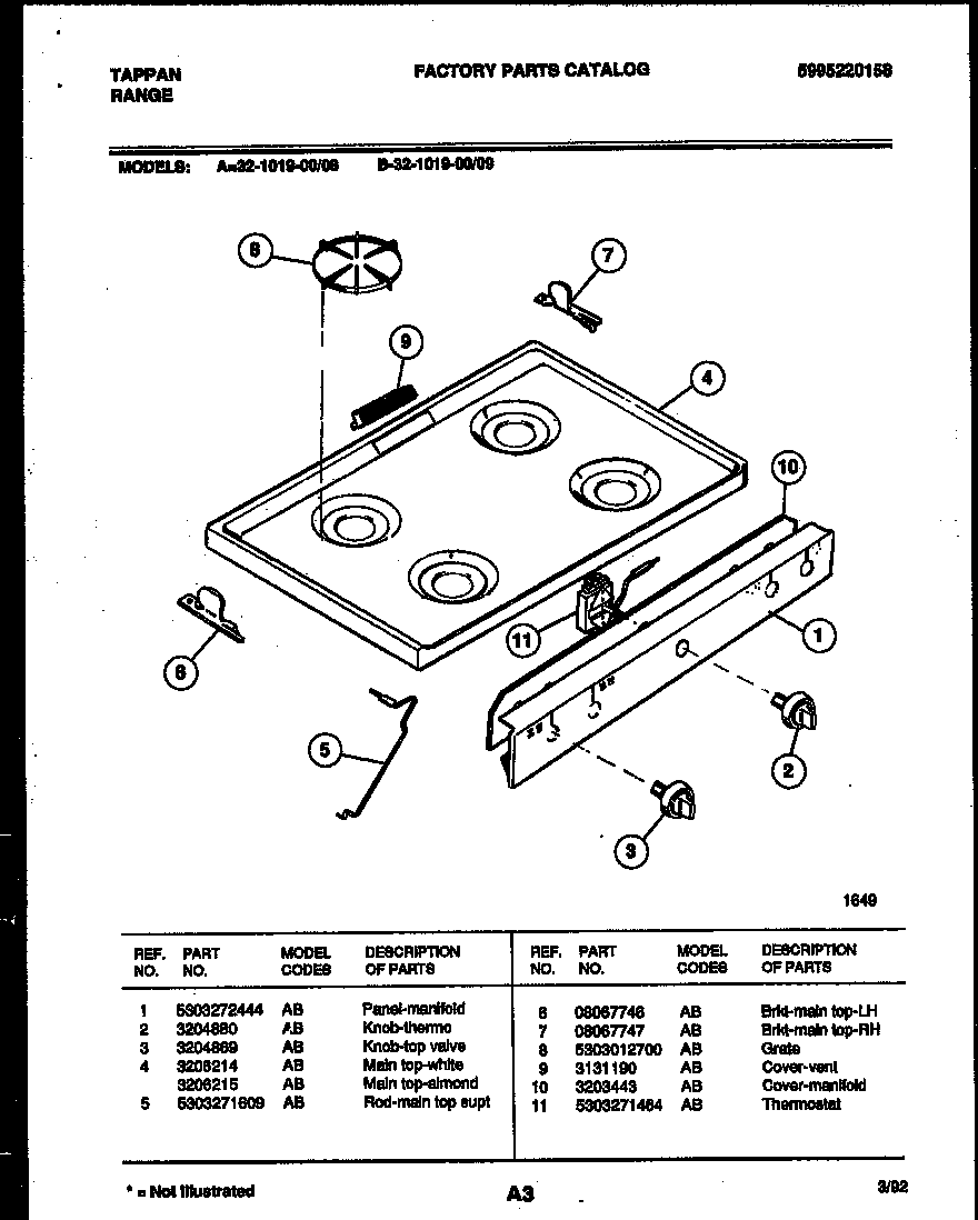 Tappan 32-1019-00-09 cooktop parts diagram