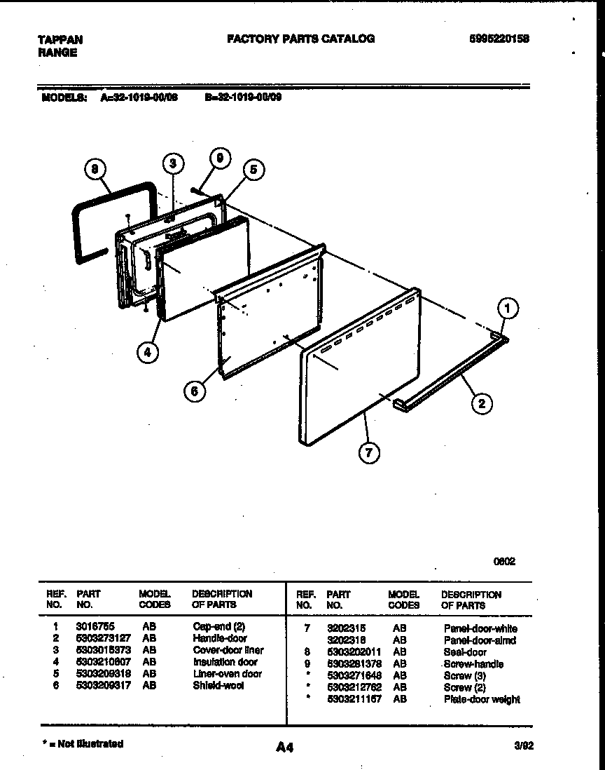 Tappan 32-1019-00-09 door parts diagram