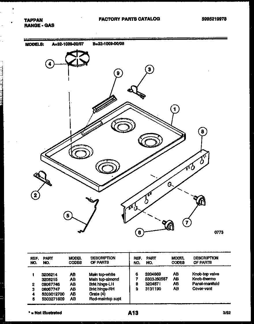 Tappan 32-1009-00-08 cooktop parts diagram