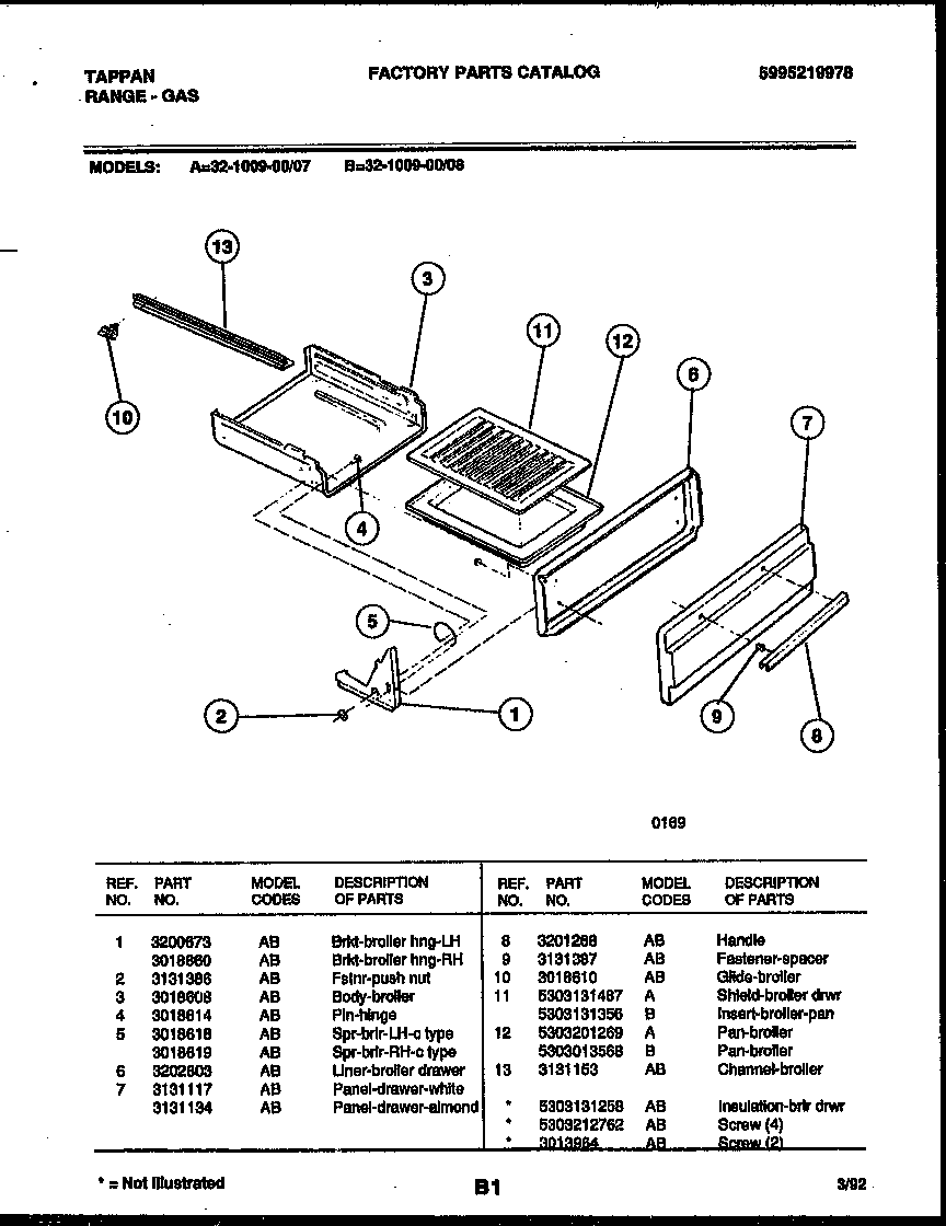 Tappan 32-1009-00-08 broiler drawer parts diagram