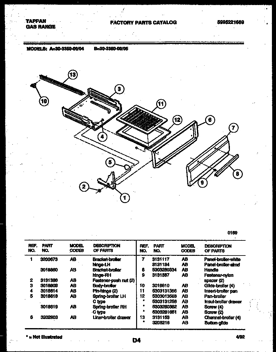 Tappan 30-3350-23-05 broiler drawer parts diagram