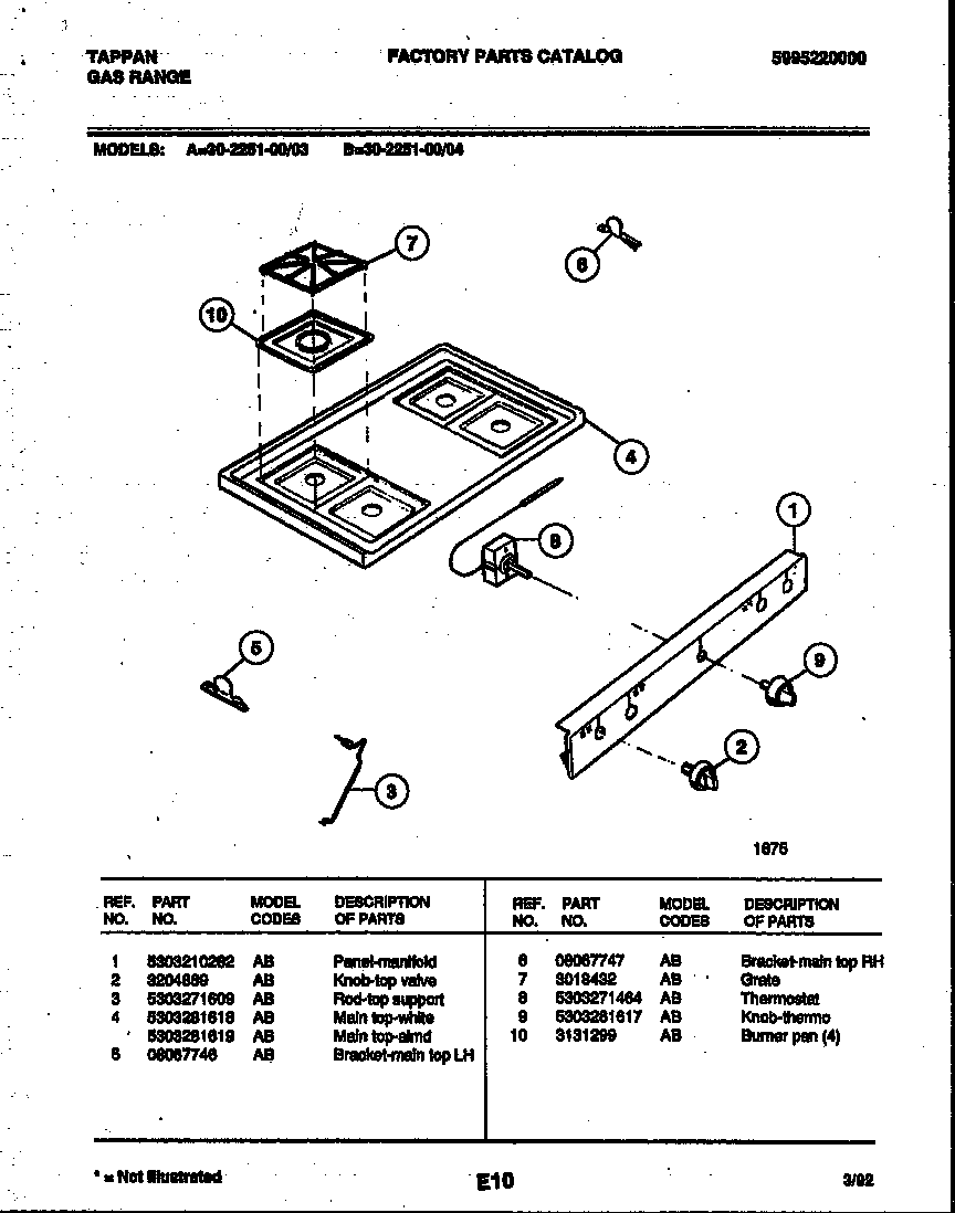Tappan 30-2251-00-03 cooktop parts diagram