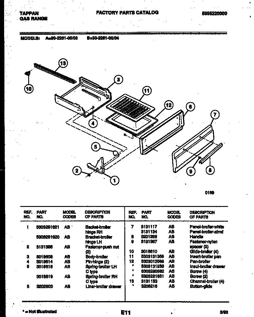 Tappan 30-2251-00-03 broiler drawer parts diagram