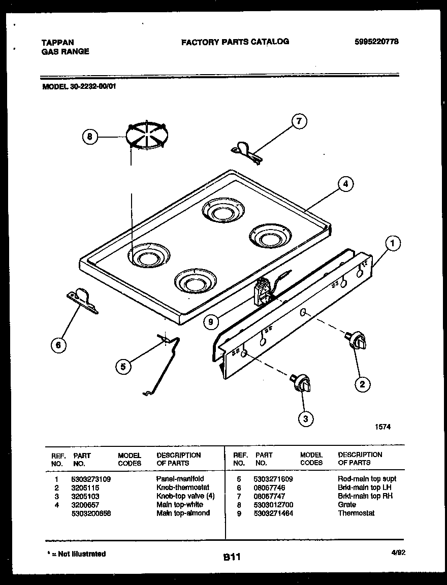 Tappan 30-2232-23-01 cooktop parts diagram