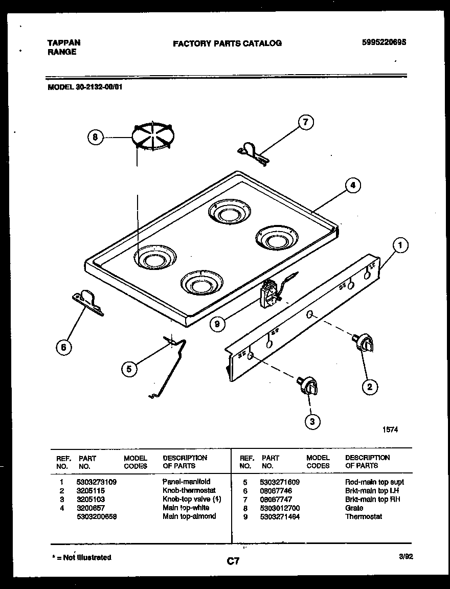 Tappan 30-2132-23-01 cooktop parts diagram