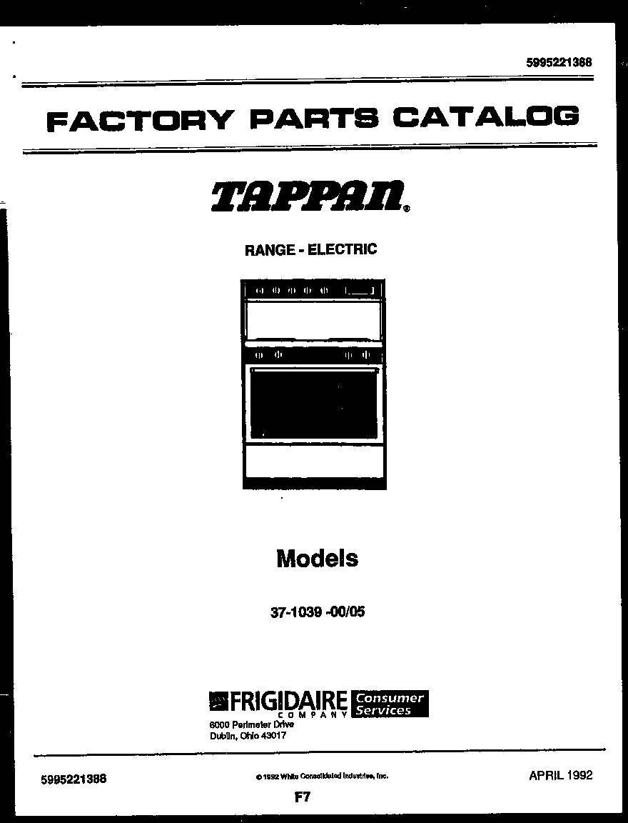 Tappan 37-1039-23-05 cover page diagram
