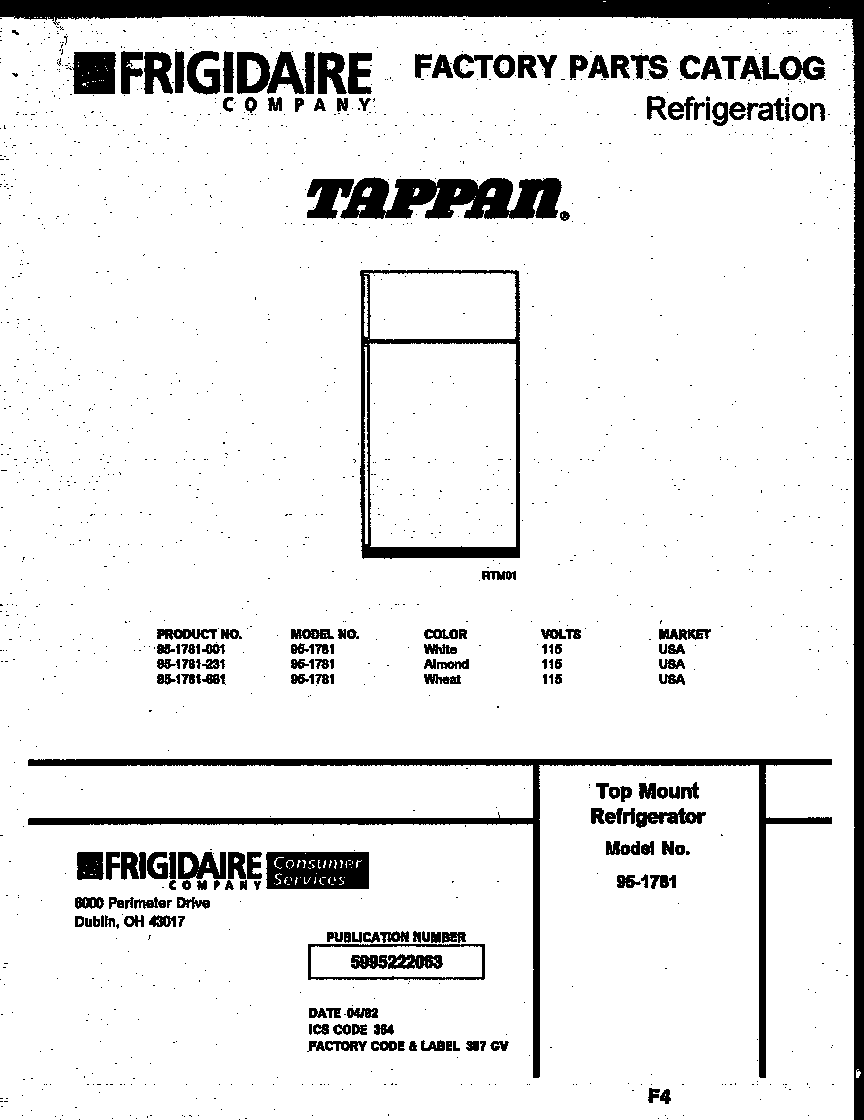 Tappan 95-1781-66-01 cover diagram
